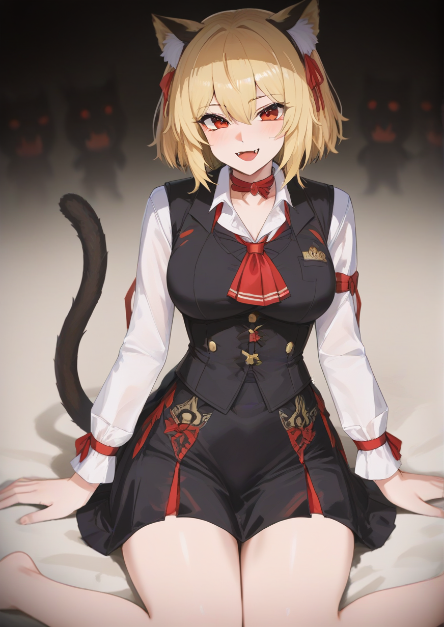 1girl, rumia, huge breast, animal ears, ascot, beige background, black background, black skirt, black vest, blonde hair, blush, cat ears, cat tail, collarbone, darkness, fang, fang out, feet out of frame, hair ribbon, kemonomimi mode, long sleeves, looking at viewer, miniskirt, multicolored background, petticoat, red ascot, red eyes, red ribbon, ribbon, shirt, short hair, silhouette, sitting, skirt, smile, solo, tail, thighs, vest, white shirt, <lora:Nvl:1>
