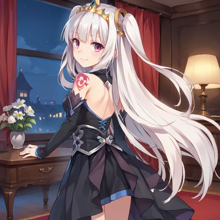 score_9, score_8_up, score_7_up, source anime, BREAK, ((from behind)), (looking back), standing, <lora:Ivris:0.7> , ivdef, 1girl, long hair, very long hair, white hair, two side up, sidelocks, purple eyes, tiara, ring hair ornament, bare shoulders, shoulder tattoo, sleeveless dress, halterneck, black dress, detached sleeves, black sleeves, sleeves past wrists, anklet, boots, looking at viewer, night, living room, lobby, <lora:backgroundsetXL:0.2> , background, (solo), smile, head tilt, <lora:hand 4:0.4> , Hand, hands, perfect hands,