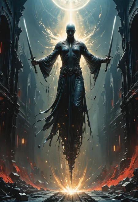 Epic fantasy painting featuring a spectral figure at the center, floating through the air with two swords crossed above its head. The ghost wears a long, tattered robe illuminated by a faint beige glow, casting an eerie, ethereal light. Each sword is broken and jagged, enhancing the haunting presence. The ghost's face is shadowy and indistinct. Surrounding it is a dark, gothic cathedral with towering arches and stained glass windows, shrouded in shadows. The scene includes dramatic backlighting, swirling ethereal mist, and glowing runes, creating a mystical aura. The color palette features deep blue and dark red tones, with an ominous mood and intricate details. Rendered in high resolution (8k, HDR) with a focus on dramatic composition and soft glowing highlights. <lora:artisketchyfs-v02.safetensors:1.0>, <lora:The_Dark_Side_Of_The_Future.safetensors:0.33>, <lora:Aura_Flux-000010.safetensors:0.5>,