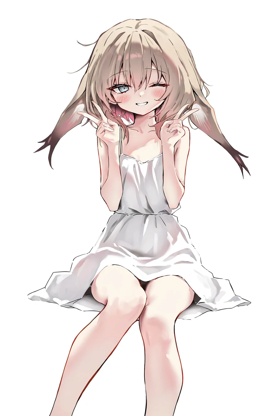 <lora:xileda-000016:1>,xileda,1girl,solo,looking at viewer,simple background,white background,double v,sleeveless dress,sitting,one eye closed,smile,, masterpiece, best quality, very aesthetic, absurdres,newest, incredibly absurdres,, toshizou \(0714\)
