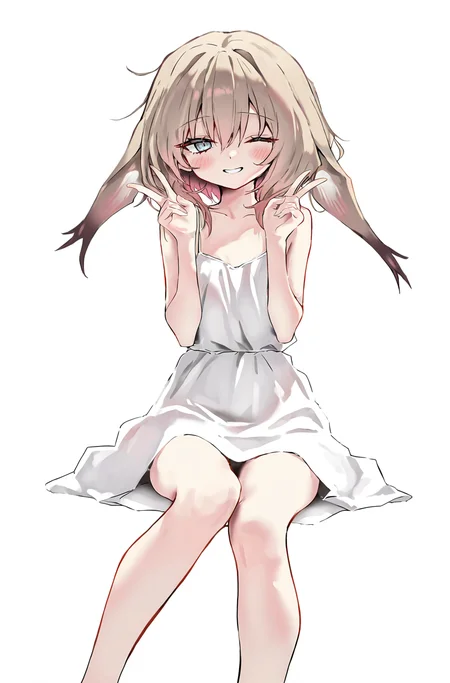 <lora:xileda-000016:1>,xileda,1girl,solo,looking at viewer,simple background,white background,double v,sleeveless dress,sitting,one eye closed,smile,, masterpiece, best quality, very aesthetic, absurdres,newest, incredibly absurdres,, toshizou \(0714\)