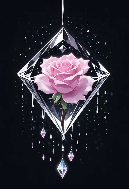 (masterpiece), best quality, Anime, Illustration, (Floating Diamond, Crystal, Magic, Reflection, Melting, Dripping, Pink Rose), Black Background, No Humans, Starry Theme, (Light Refraction), White and Pink Theme, Natural Lighting, Verynsty