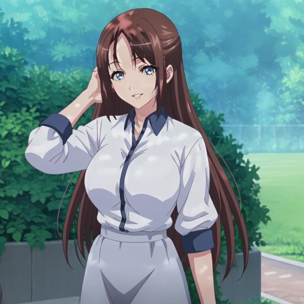 score_9, score_8_up, score_7_up, source_anime, rating_safe, intricate details, anime screencap, official style, anime coloring, 1girl, solo, yurina, brown hair, long hair, blue eyes, large breasts, perfect breasts, white shirt, grey skirt, long skirt, smile, outdoor, looking at viewer, cowboy shot, hand on hair, parted lips