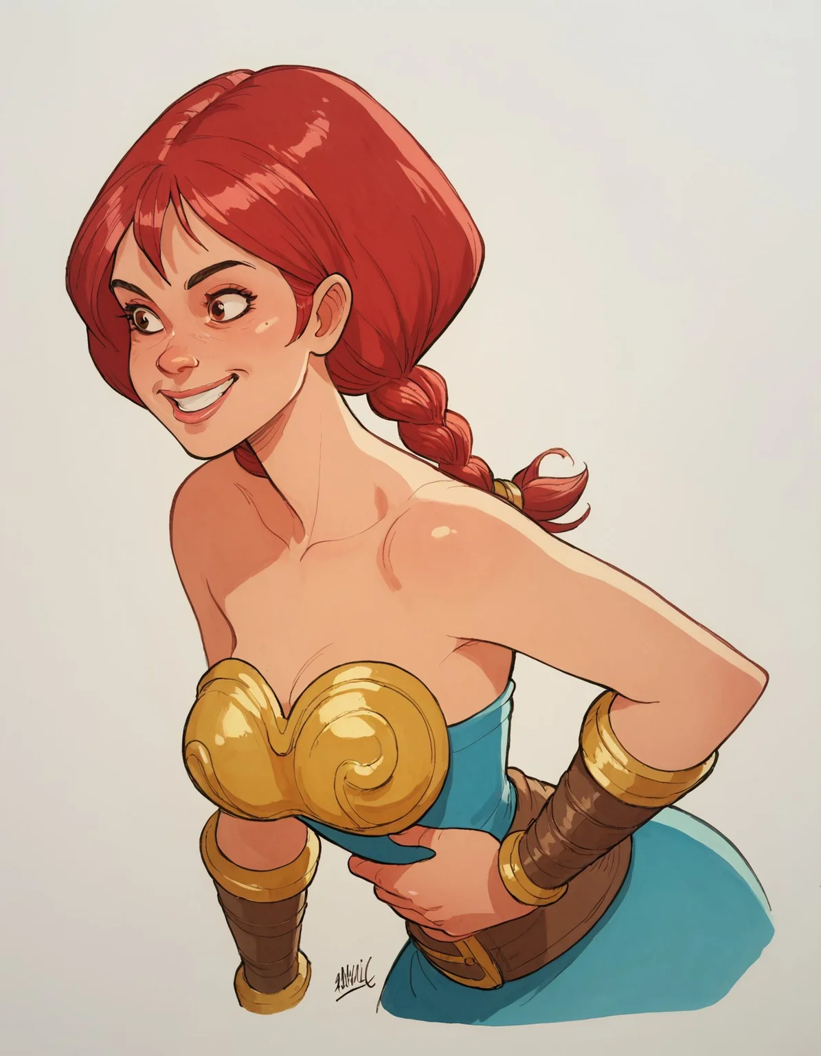 score_9, score_8_up, score_7_up, score_6_up, abarbucci-dh, dynamic angle BREAK, 1girl, mature woman, solo, two braids, red hair, breastplate, smile, dress, strapless, bracer, traditional media <lora:Artist_Style_-_Alessandro_Barbucci_Ekho_Sky_Doll_PDXL:1> <lora:add-detail-xl:0.5> <lora:Abbapony:0.5>