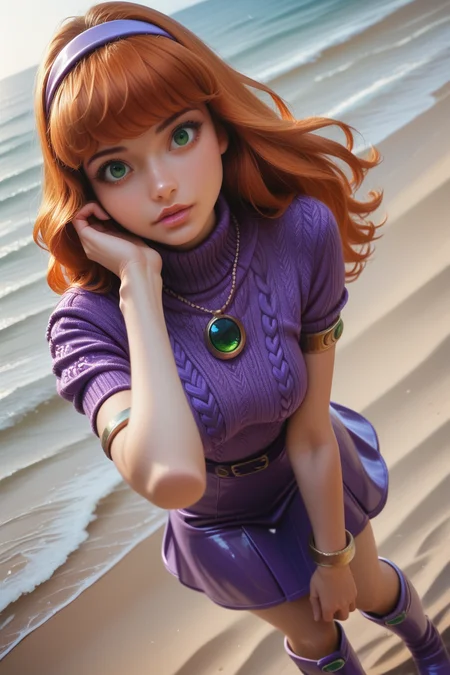 embedding:lazyup, embedding:lazympos, realistic:0.7,portrait, kawai face, smooth skin, perfect face, perfect body, perfect hands,
daphne blake, scooby-doo, 1girl, lips, purple eyes, green eyes, long hair, orange hair, purple hairband, medium breasts, tiara, aran sweater, high-low skirt, rubber boots, kneehighs, necklace, armlet,beach ,dutch angle <lora:TrendCraft_The_Peoples_Style_Detailer-v2.0A-3_13_2025-PonyXL:1>