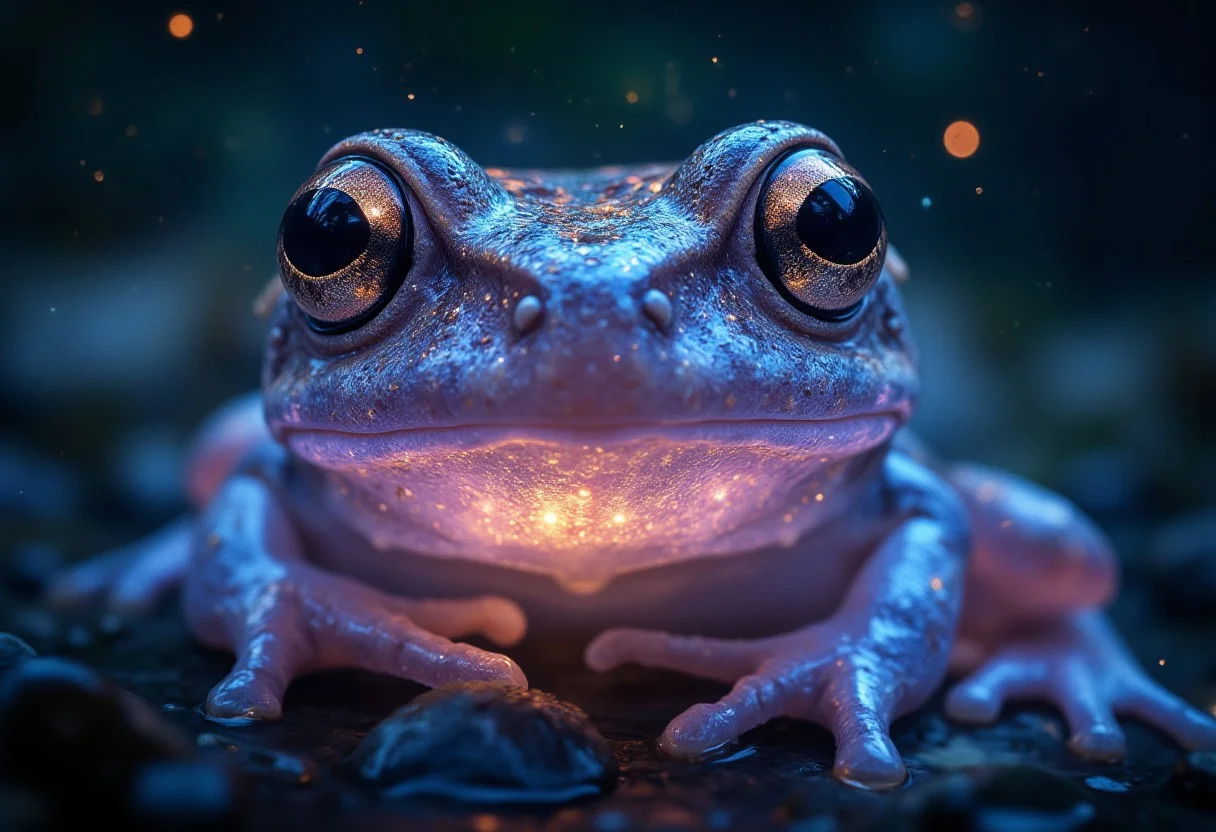 Face, beautiful translucent glowing frog, ethereal inner light, glowing lights, beautiful waterfall, transparent, delicate, magical sparkles, vibrant whimsical colors, extreme detail