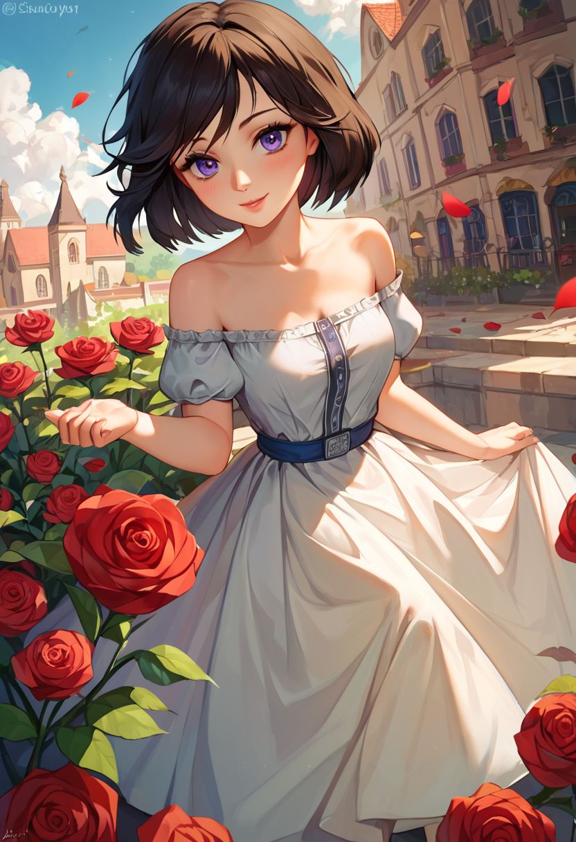 score_9, score_8_up, score_7_up, score_6_up, score_5_up, girl, Elizabeth (Bioshock), black hair, short hair, purple eyes, blue sundress, off shoulder, skinny, look at viewer, pale skin, tiny waist,  petite, innocent, small body, coy smile, medieval dress, rose, rose garden with cloudy sky, flying city, Sharp details Insane quality, Insane resolution, Insane details, Masterpiece, 32k resolution, epic Photo
