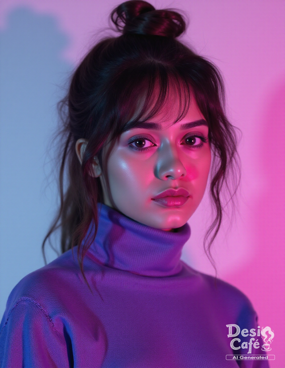 cowboy shot photo of j4nn4t zub41r woman, hyper realistic photo that is safe for work,  studio quality image with natural colors, well dressed wearing intricate turtleneck Purple turtleneck sweater, hair styled as  90s blowout,muted pastel shaded multicolored background that contrasts with the person, cinematic lighting,âââââ    <lora:j4nn4t_zub41r_Jannat_Zubair_Flux_Kohya_V1:1>âââ