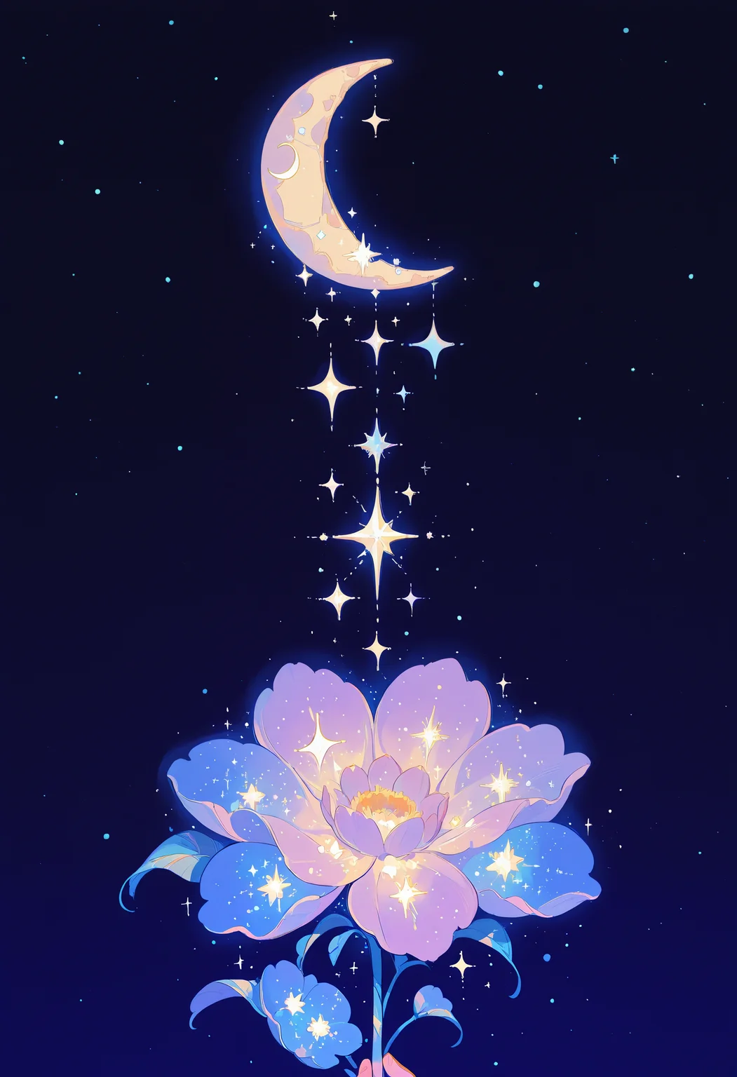 momosp, star (sky), sparkle, crescent moon, flower