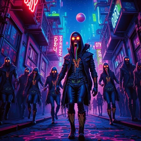 concept art horror-themed Dark Fantasy Art, <lora:Undead Apocalypse v1:1> und34dpsy, In a neon-lit city, undead ravers wearing tattered glowstick-covered ravewear stumble through the streets, tripping balls. Their eyes spin like spirals, and their tongues are rainbow snakes. The background pulses with liquid graffiti, sound waves visible in the air. A disco ball hovers overhead, spinning in reverse time. Colors clash and vibrate, like a hallucination gone wrong. The undead groove to music only they can hear., dark, moody, dark fantasy style . eerie, unsettling, dark, spooky, suspenseful, grim, highly detailed . digital artwork, illustrative, painterly, matte painting, highly detailed