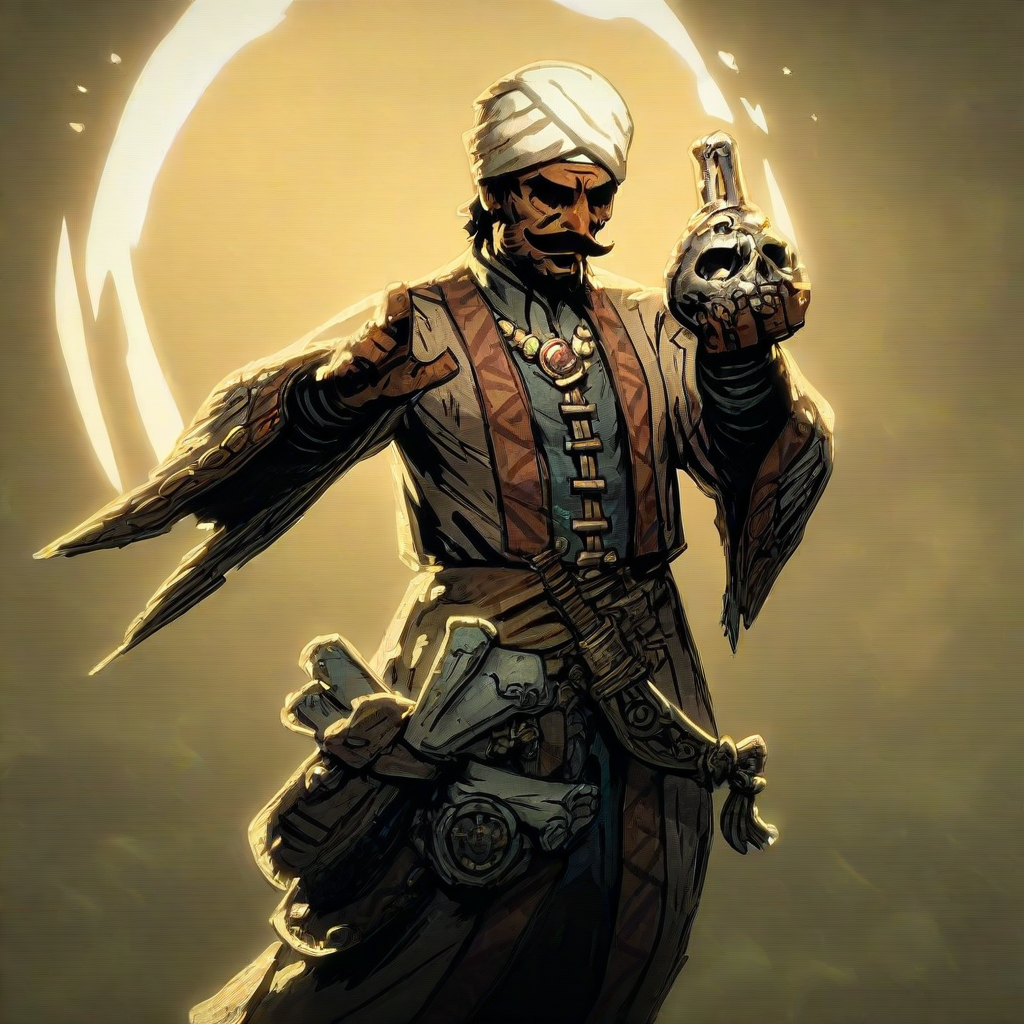 score_9, score_8_up, score_7_up, masterpiece, best quality, newest, absurdres, highres, DDstyle, official style, black eyes, shaded eyes, 1boy, DDOCC-V1.1, turban, headgear, facial hair, mustache, short hair, beard, arabian, arabian male,