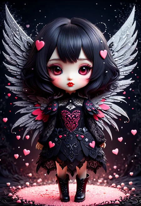 beautiful hyper detailed whimsical 35 k ultra realistic hyper detailed beautiful dark chibi fairy, hyper detailed perfecteyes, shadow woman red lips graphic, dark intricate wings on back, black lace dress, black boots, in the style of Charlie Bowater, nicoletta ceccoli , dark Whimsical, Detailed Fantasy, black lace Background pattern with tiny 3d red and pink hearts, Glitter, White Thorns, Muted Colors, Explosion, Intricate Extremely Detailed, Hyperdetailed, style of monica lee, Hgonzag, Camilla d'Errico Diego Gisbert,Winter wonder land art art, Masterpiece, trending on artstation, featured on pixiv, cinematic composition, 8K