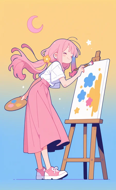 masterpiece,best quality,amazing quality, 1girl, solo, long hair, pink hair, multicolored hair, gradient hair, floating hair,
painting \(action\),smile, holding paintbrush, standing, closed eyes, leaning forward, shirt, white shirt, pink skirt, flower, short sleeves, shoes, star \(symbol\), white footwear, long skirt, pink footwear, paintbrush, palette \(object\), easel \(object\),
full body, simple background, gradient background, blue background, yellow background,
crescent moon, glowing, haiz_ai, Flatline, Flat vector illustration, <lora:ponyv6_noobE11_2_adamW-000017:0.3> <lora:MeMaXL4:0.8> <lora:checkpoint-e18_s306:1.5> <lora:veluflora-wai:0.35> <lora:haiz_ai_illu:0.7>