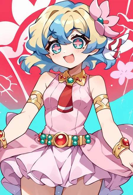 score_9, score_7_up, source_anime, BREAK solo, <lora:NiaS1:1> nias1, 1girl, blue eyes, symbol-shaped pupils, short hair, blonde hair, blue hair, two-tone hair, small breasts, skirt, hair ornament, Pink dress, jewelry, hair flower, sleeveless dress, red necktie, bracelet, armlet, belt, <lora:Momoiiroo_Art_Style_PonyXL:1> momoiiroo,