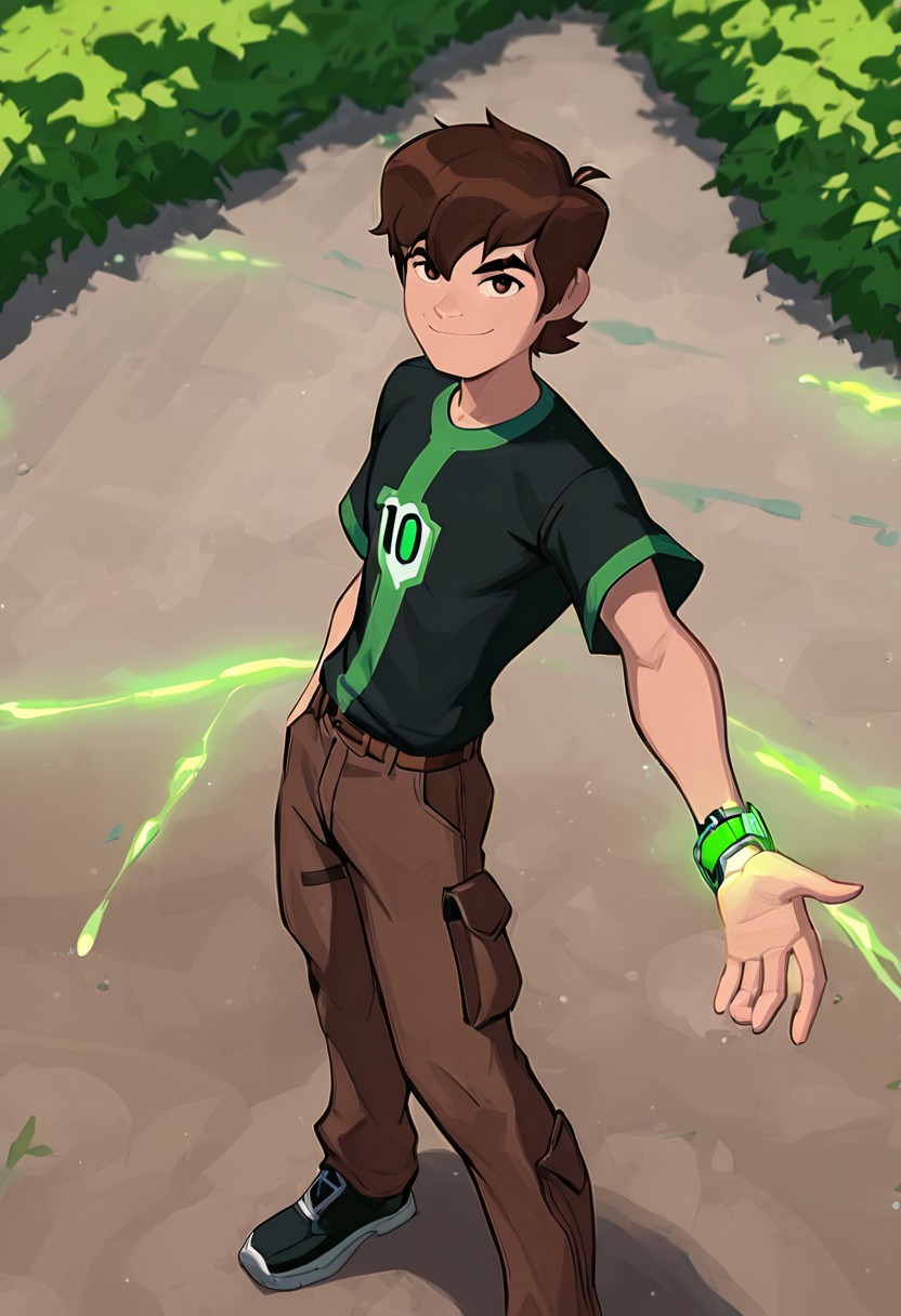 masterpiece, best quality, amazing quality, very aesthetic, absurdres, newest, ((screencap, cartoon))
benov, short hair, brown hair, 1boy, solo, brown cargo pants, ,  thick eyebrows, 
short sleeves,  black green shirt,
klskx
raining, from above, stretched arm, glowing watch, green glow from watch, looking at viewer, smile, bushes