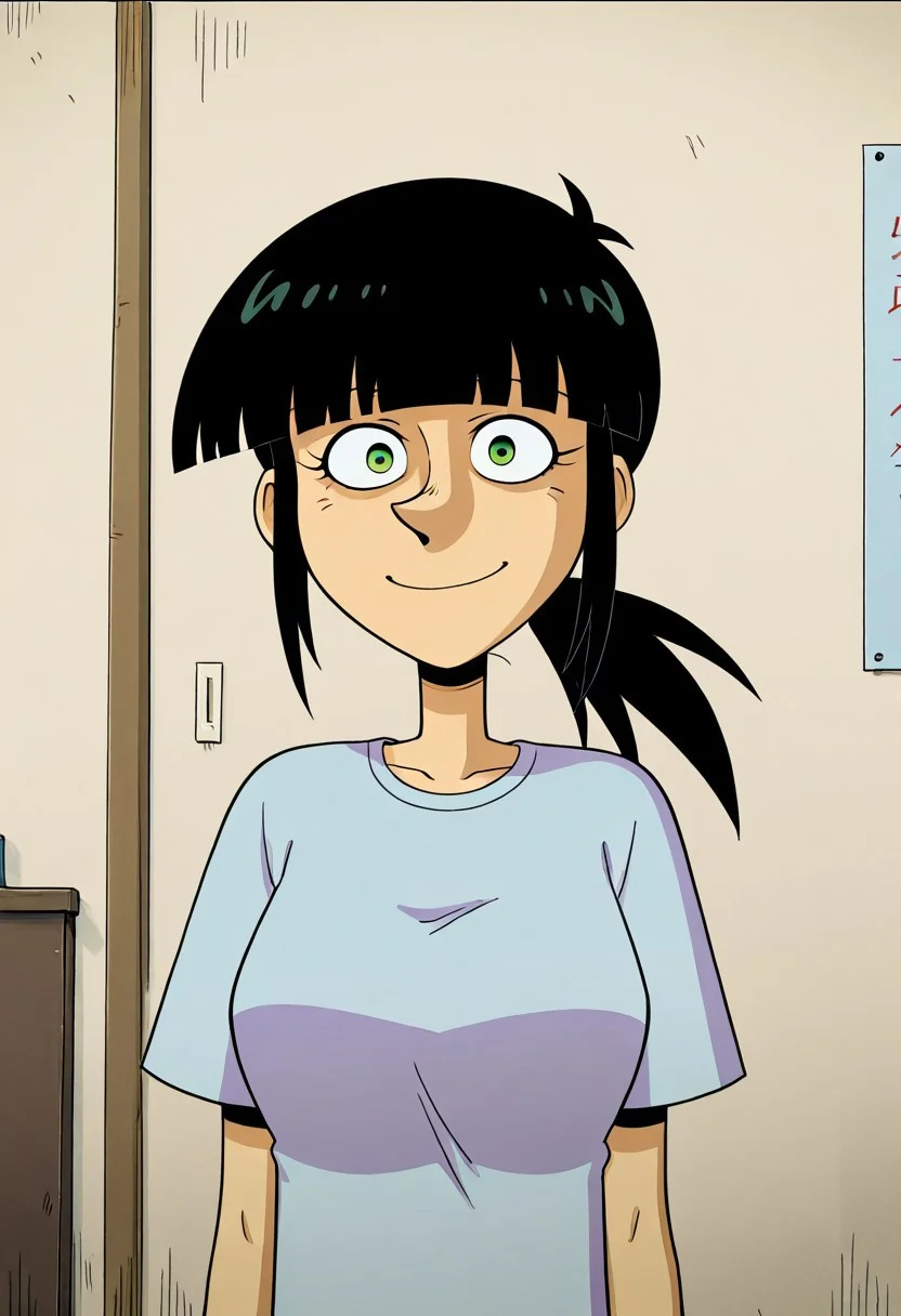 score_9,score_8_up,score_7_up, 1girl, solo, Sarah_TADL_IL, fair skin, green eyes, black hair, pointy nose, straight fringe, low ponytail, light blue T-shirt, looking at viewer, indoors, room background, (portrait) smile, standing