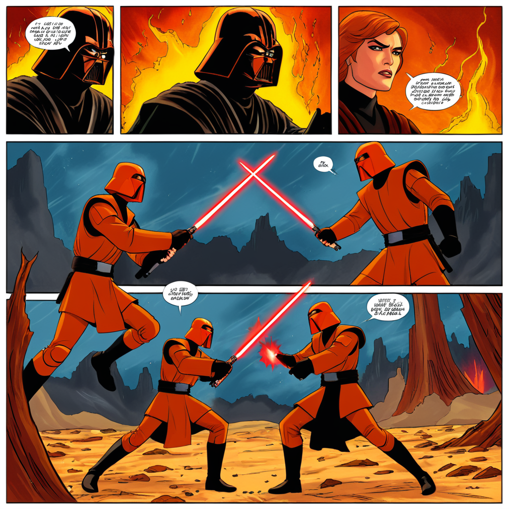 comic book art of  <lora:comicbookpage style:0.8> comicbookpage style
 <lora:xl_more_art-full_v1:0.8>
 <lora:add-detail-xl:1>
 <lora:detailed:0.3>
<lora:perfection style:0.3>
a cartoon comic book page of
 <lora:Mustafar:0.9> Mustafar conflict duel, comic art, graphic novel illustration