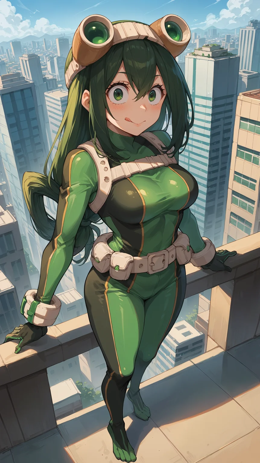 score_9,score_8_up,score_7_up,score_6_up, source_anime, zPDXL3, <lora:xl_more_art-full_v1:0.5>, girl, dynamic pose, on tiptoes, <lora:Tsuyu Asui (Froppy) - Pony-000004:0.8>, long hair, green hair, low tied hair, hair rings, green eyes, green bodysuit, black bodysuit, multicolored bodysuit, skintight, goggles, goggles on head, gloves, belt, large eyes, tongue, modern city, skyscraper, rooftop, horizon, from above,