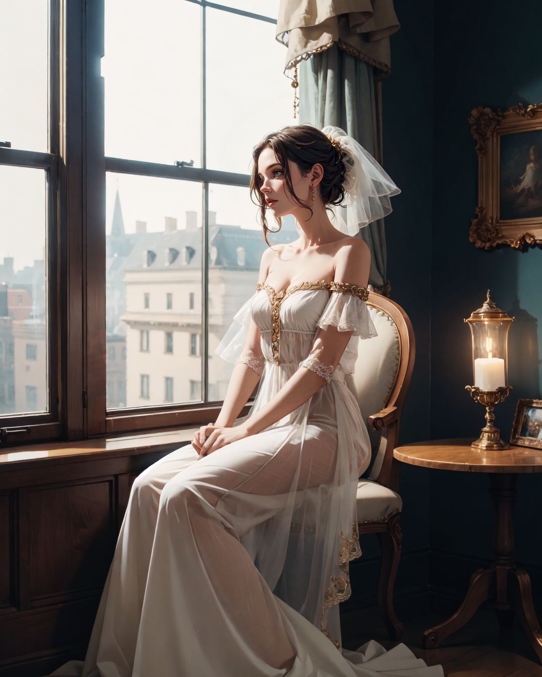 (Cowboy shot:1.5), (style of Paolo Roversi) Renaissance adult woman, (flowing diaphanous gown:1.27), seated by a window, period-appropriate artifacts, soft light, intricate details, thoughtful expression, soft lighting, rich textures, detailed embroidery, elegant and timeless, muted color palette, vintage and nostalgic, rule of thirds composition, soft shadows, dreamy atmosphere,  Photorealism, 8k, studio photo, environmental concept art by Alexander Jansson, Maya Takamura, and Thomas Kinkade