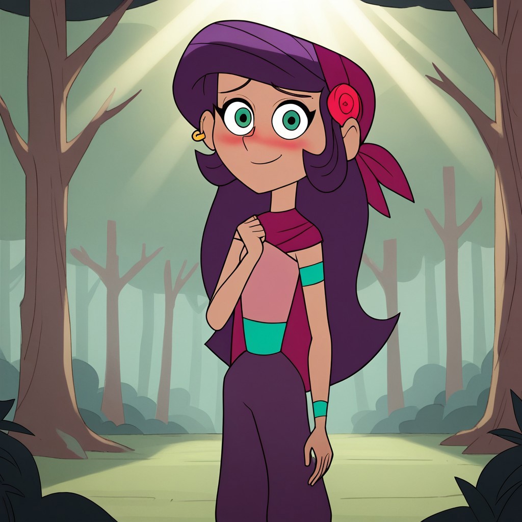 score_9, score_8_up, score_7, BREAK,  marcella_lq, purple hair, long hair, earrings, bandana, green eyes, pants, smile, shy, looking at viewer, blush, outdoors, sunlight, natural lighting, forest