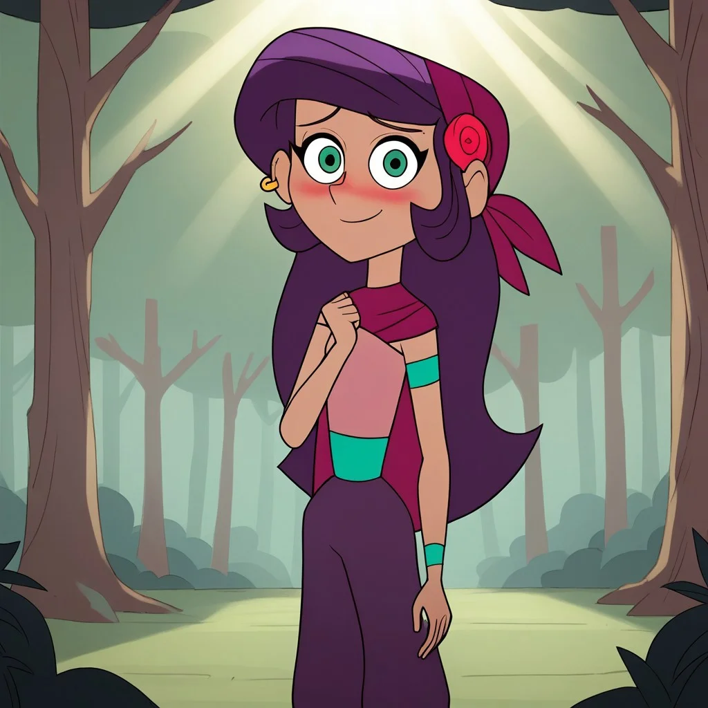 score_9, score_8_up, score_7, BREAK,  marcella_lq, purple hair, long hair, earrings, bandana, green eyes, pants, smile, shy, looking at viewer, blush, outdoors, sunlight, natural lighting, forest