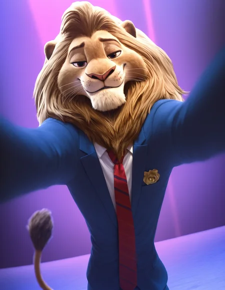 zootopia artstyle,
masterpiece, best quality,
pinup pose, looking at viewer, perfect face, colorful, dramatic angle, unique perspective, unique angle, detailed, intricate details, highres, absurdres, smile, on stage, furry male, solo, lion, lionheart, red necktie, lion tail, whiskers, brown eyes, blue suit, white shirt, brown fur, smug, cowboy shot, closed mouth
<lora:Zootopia_Art_Style_ill_3D:0.95>âââ