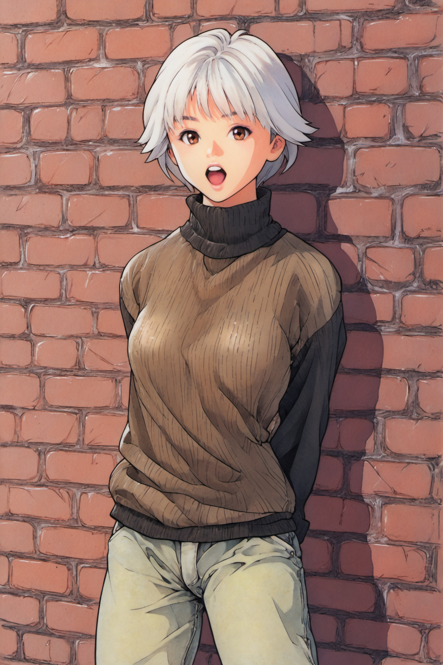 1girl,solo,short hair,white hair,brown eyes,open mouth,arms behind back,turtleneck,sweater,pants,brick wall,looking at viewer,traditional media,score_9,score_8_up,<lora:Katsura Masakazu_XL_PONY:0.9>,