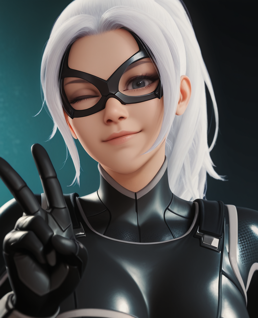 highres, absurdres, intricate detail, 3d,  <lora:Black_Cat_V2_ILLUS:1> , blackcat, 1girl, domino mask, white hair, ponytail, long hair, bodysuit, looking at viewer, portrait, v, peace sign, one eye closed, light smile, head tilt,