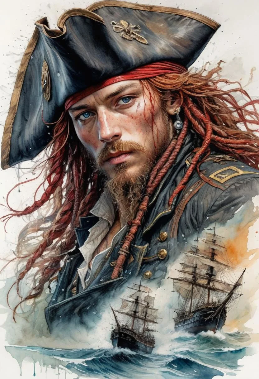 highly detailed linework reminiscent of Carne Griffiths, imbued with Wadim Kashim's bold color and texture, light and airy as Carl Larsson's compositions, old ship, black sails, pirate, captain, hat, red hair, wind, sea, motion, wind, heavy rain, featuring Pascal Blanche-style hyper-realistic characters, pastel, elegance, dramatic lighting, expressive camera angle, matte, concept art
