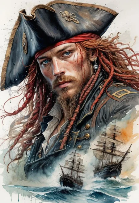 highly detailed linework reminiscent of Carne Griffiths, imbued with Wadim Kashim's bold color and texture, light and airy as Carl Larsson's compositions, old ship, black sails, pirate, captain, hat, red hair, wind, sea, motion, wind, heavy rain, featuring Pascal Blanche-style hyper-realistic characters, pastel, elegance, dramatic lighting, expressive camera angle, matte, concept art