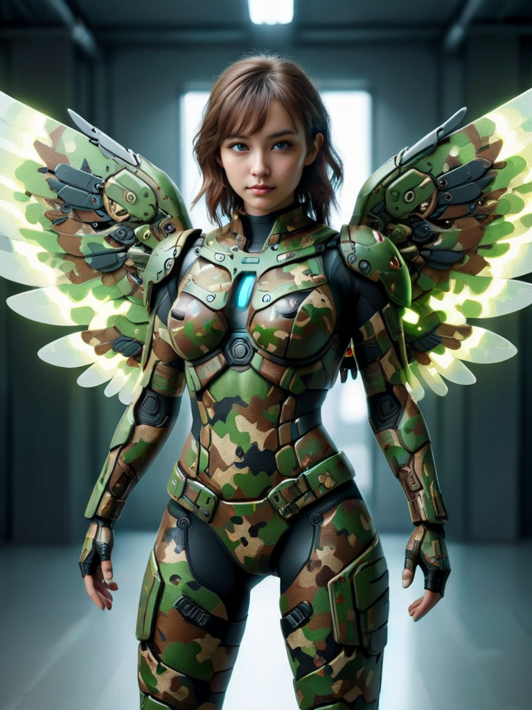 (best quality, masterpiece, colorful, dynamic angle, highest detailed)upper body photo, full body photo, fashion photography of cute mechangel, glowing 4 wings, solo, glowing armor, glowing halo, building, glowing mechanical 4 wings (intricate details, hyperdetailed:1.15), detailed, light passing through hair, (official art, extreme detailed, highest detailed), ral-camo <lora:ral-camo-sdxl:1>