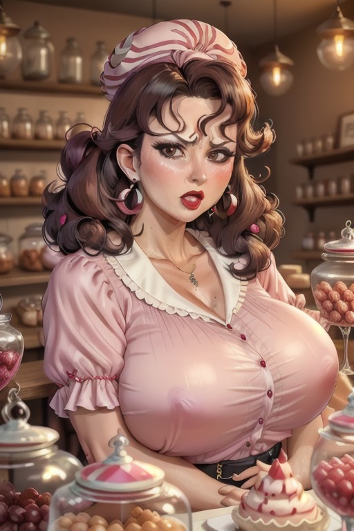 Plump Jackie Twigg look 40 years old 
Earrings, plump rosy cheeks, bright lipstick, silk blouse, big tits, dark-brown bouffant, angry 
Old fashioned sweet shop, jars of sweets 
close-up