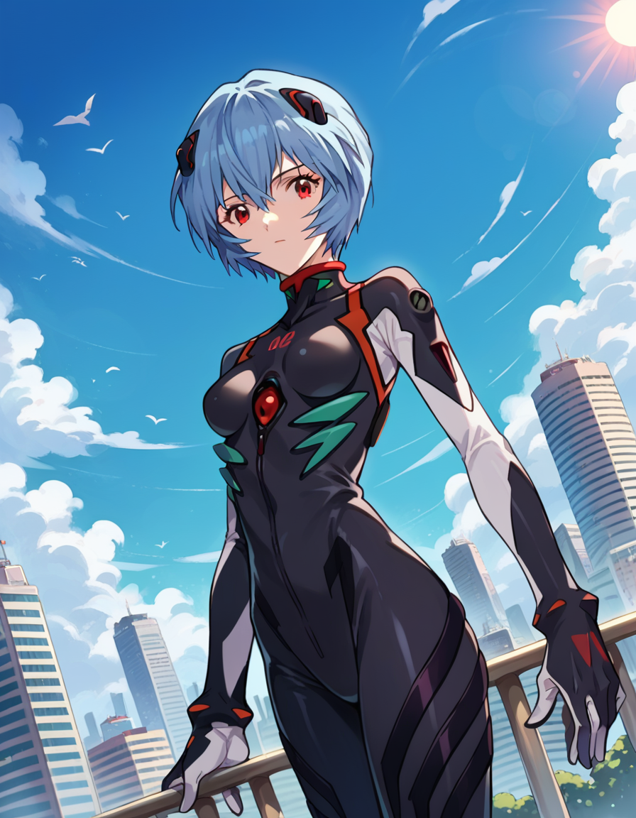 score_9, score_8_up, score_7_up, source_anime, reiayanami, <lora:rei-ayanami-ponyxl-lora-nochekaiser:1>, rei ayanami, blue hair, short hair, red eyes, bodysuit, headgear, plugsuit, black bodysuit, outdoors, cityscape, sky, clouds, sun, looking at viewer, cowboy shot, dutch angle, dynamic pose,
