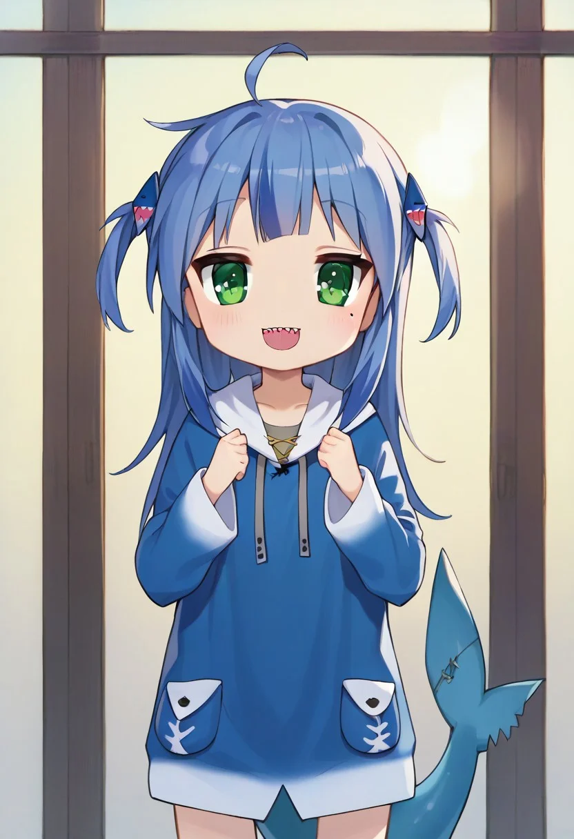 score_9, score_8_up, score_7_up,source_anime, masterpiece, ultra detailed, highres, 4k, best quality, BREAK, <lora:konata:0.7> Konata Izumi, solo, long hair, ahoge, mole, glossy hair, smooth hair, shiny hair, gawr gura, blue hoodie, two side up, shark hair ornament, shark tail, sharp teeth, smile, dark blue hair, cute, cute face, outstanding, countershading, detailed soft lighting, backlighting, green eyes, looking at viewer, ultra detailed eyes, cowboy shot