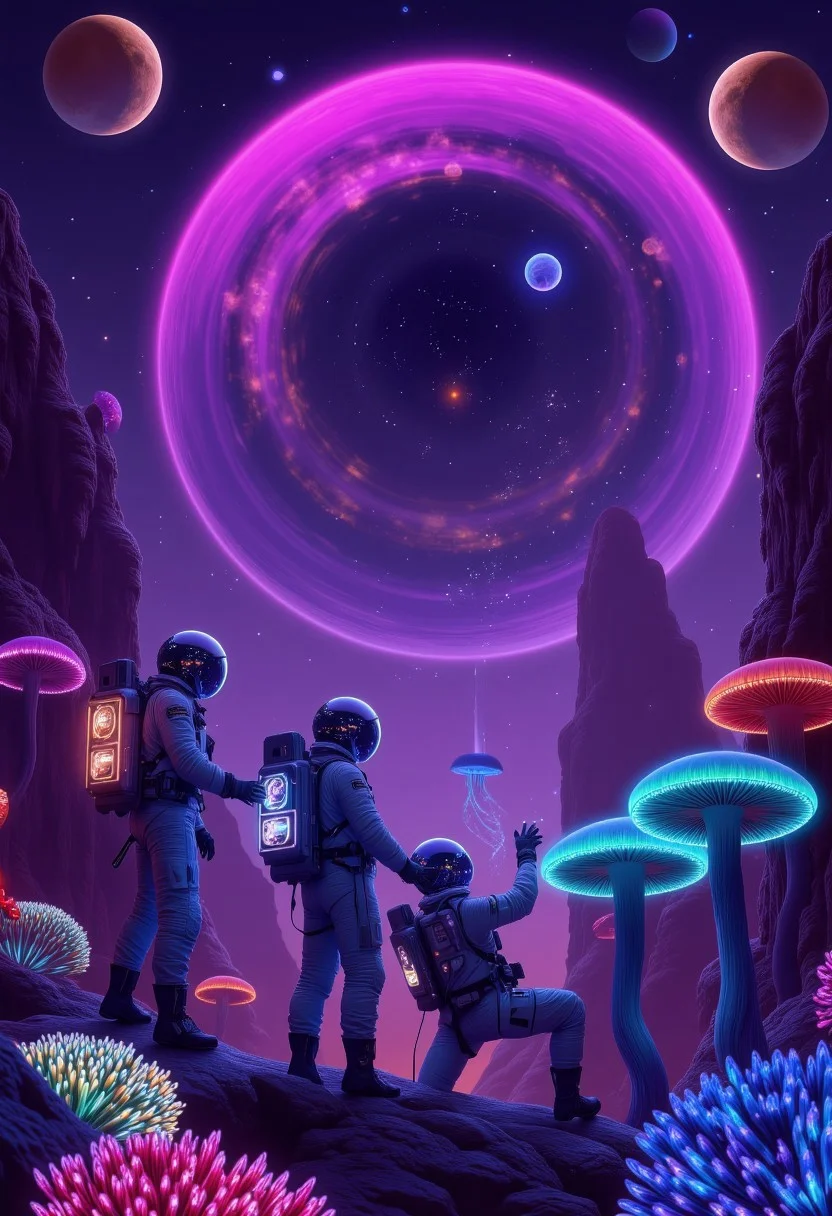 A team of astronauts, their suits glowing in neon colors, stand atop an alien planet with a wild, surreal landscape. Giant mushrooms with glowing caps, towering crystalline trees, and floating, jellyfish-like creatures fill the scene. The sky above is a deep purple, dotted with twin moons and a swirling galaxy at its center. The astronauts, who seem to be in awe of their surroundings, walk through this bizarre world with their helmets reflecting the glowing alien fauna. One astronaut kneels, touching a bioluminescent plant, while another floats in mid-air with the help of anti-gravity boots, reaching out to a floating orb that seems to be alive with pulsating energy. The bizarre planet is alive with strange sounds and colors, creating an atmosphere of whimsical exploration.