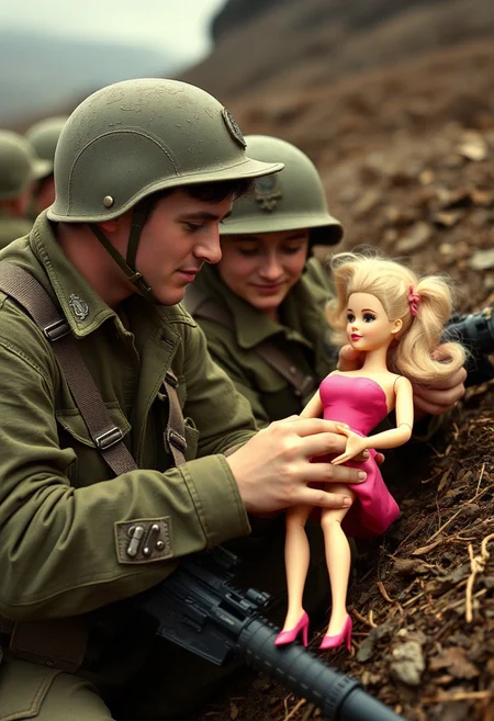 virile rugged macho men soldiers in green fatigues on the front line playing with pink barbie dolls, 1945, colorized