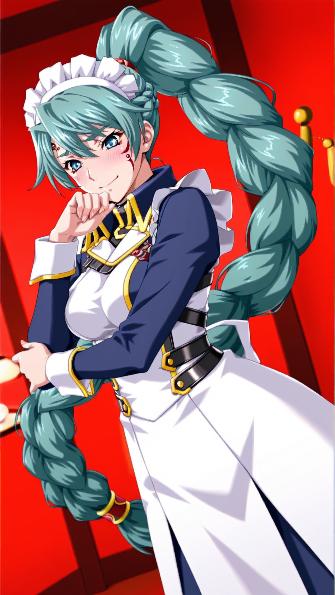 source_anime, general, best quality, masterpiece, 1girl,  <lora:Fu-Lu_Mu-Lu_ill_v1.0:1> fu-lu_mu-lu\(srw\),green hair , blue eyes, facial mark,braid, very long hair, braided ponytail,single braid, maid, maid headdress, maid apron,dynamic pose, dutch angle, embarrassed, happy,