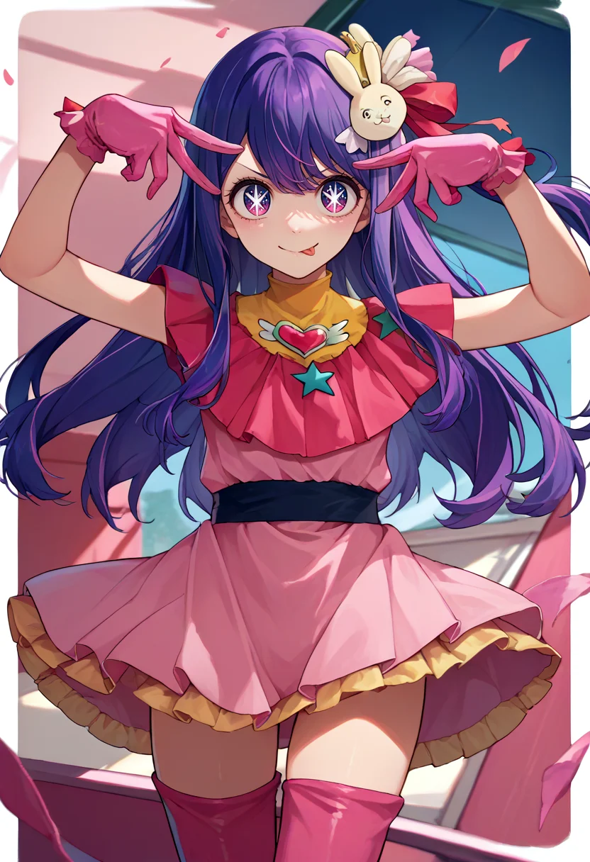score_9, score_8_up, score_7_up, source_anime, 1girl, aihoshino, smile, looking at viewer, aihoshinopose, double v, tongue out, star hair ornament, rabbit hair ornament, star-shaped pupils, pink dress, sleeveless dress, pink gloves, pink thighhighs, belt <lora:oshinoko_aihoshino_ponyXL:1> <lora:pose_aihoshinopose_ponyXL:1>