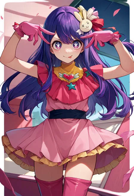score_9, score_8_up, score_7_up, source_anime, 1girl, aihoshino, smile, looking at viewer, aihoshinopose, double v, tongue out, star hair ornament, rabbit hair ornament, star-shaped pupils, pink dress, sleeveless dress, pink gloves, pink thighhighs, belt <lora:oshinoko_aihoshino_ponyXL:1> <lora:pose_aihoshinopose_ponyXL:1>