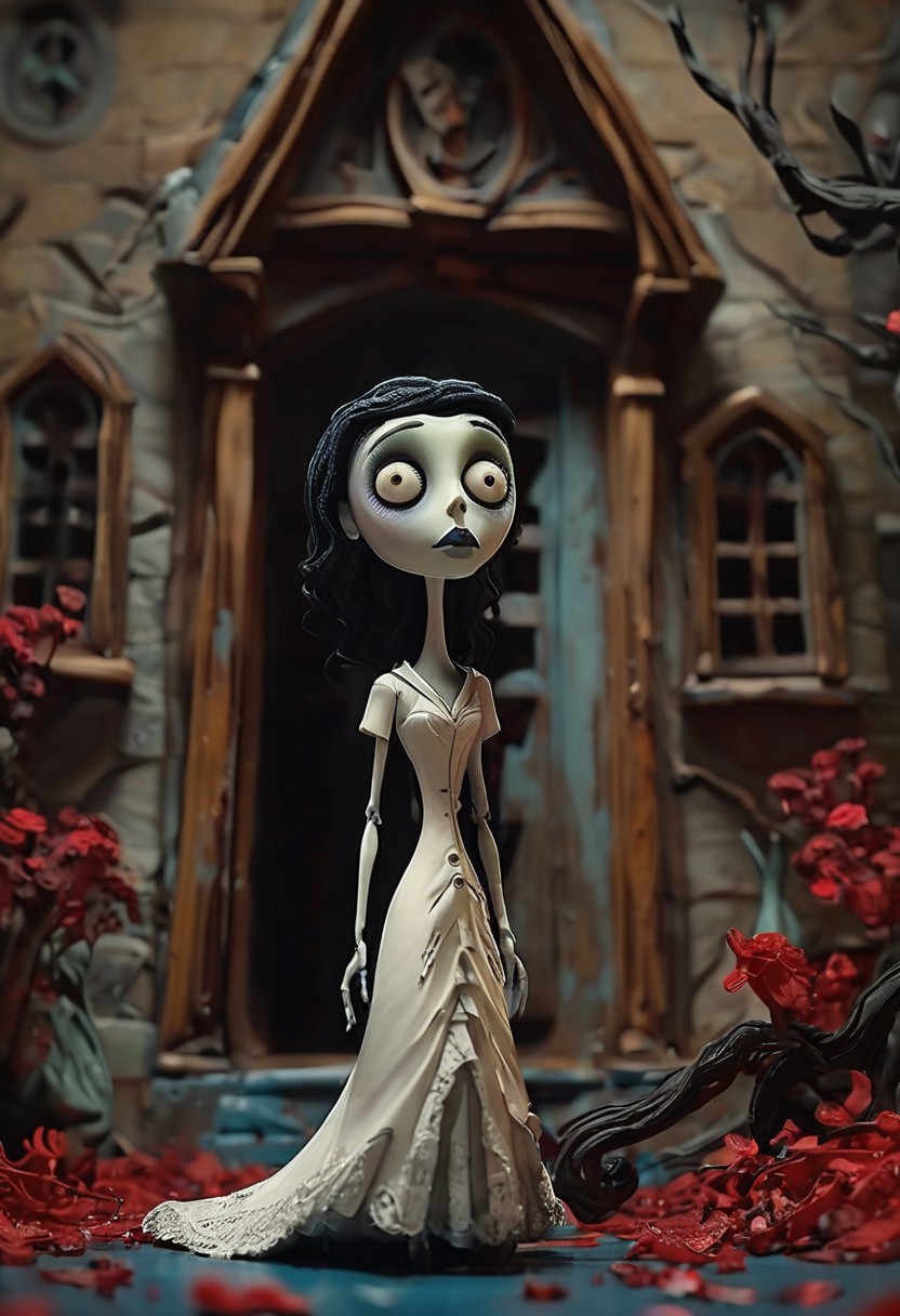 (Design: Tim Burton. Artwork based on concept art full body design of theme (Tim Burton's Corpse Bride) Oblique angle shot, Anatomy, Trending on ArtStation, Trending on CGSociety, Exquisite, High resolution, Sharp focus, Dramatic, Photorealistic painting art by Midjourney and Greg Rutkowski, LegendDarkFantas,<lora:EMS-384162-EMS:0.800000>
