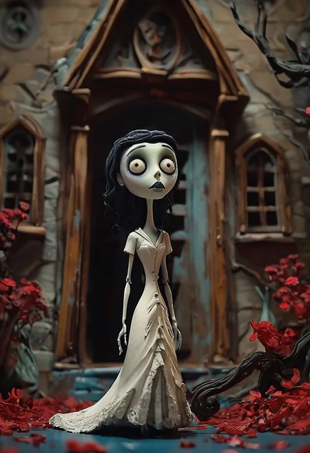 (Design: Tim Burton. Artwork based on concept art full body design of theme (Tim Burton's Corpse Bride) Oblique angle shot, Anatomy, Trending on ArtStation, Trending on CGSociety, Exquisite, High resolution, Sharp focus, Dramatic, Photorealistic painting art by Midjourney and Greg Rutkowski, LegendDarkFantas,<lora:EMS-384162-EMS:0.800000>