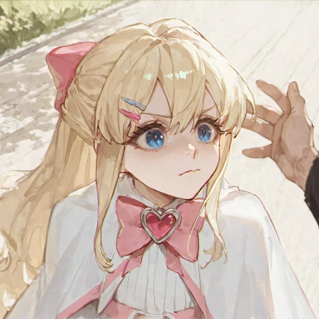 nsfw, highres, best quality, masterpiece, $\{quality\}, $\{style\}, best quality, very aesthetic, 8k, anime, masterpiece, best quality, detailed background, 8k, score 9, score 8 up, score 7 up, score 6 up, $\{girl traits\}, $\{appearance\}, hair between eyes, outdoors, solo focus, $\{clothing\}, $\{pose\}, $\{background\}, $\{composition\}, Magia Sulfur, Long, blonde hair, Blue eyes, Wears a hair clip, Fair skin, Slender build, Magical girl costume with pink accents, Ribbon in hair, Elaborate transformation sequence attire, Long eyelashes,