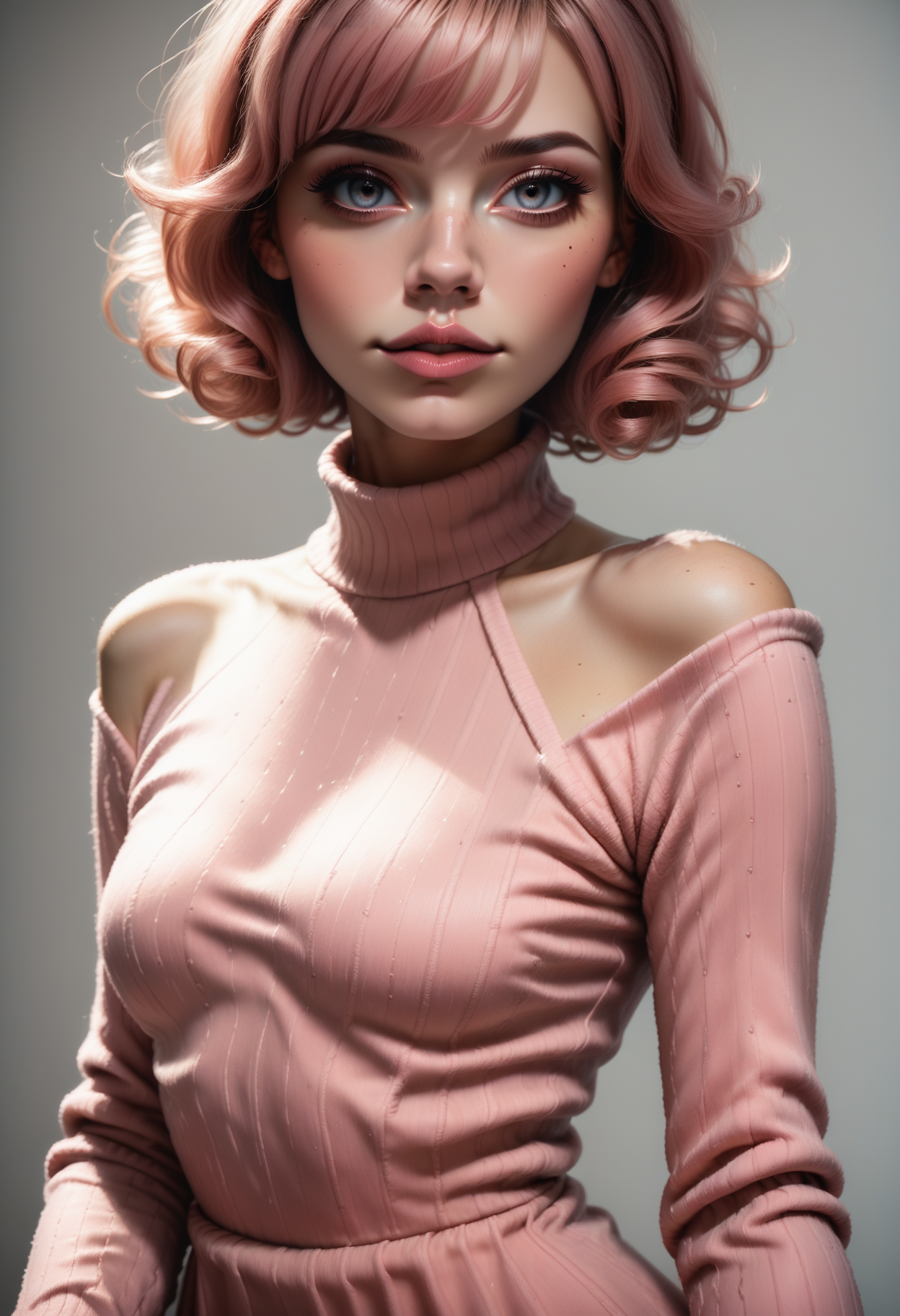 score_9, score_8_up, score_7_up, source_photo, 1girl, solo, d4rk_r0s4, realistic, beautiful eyes, sexy sweater dress, pink dress, long sleeves, bare shoulders, <lora:Dark_Rosa_Pony_v0.2:0.7>