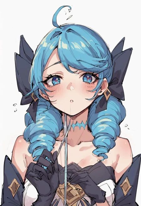 score_9, score_8_up, score_7_up, Gwen, 1girl, solo, long hair, looking at viewer, blush, blue eyes, simple background, gloves, white background, dress, bow, holding, bare shoulders, twintails, blue hair, collarbone, ahoge, hair bow, black gloves, black dress, sketch, black bow, drill hair, scissors
