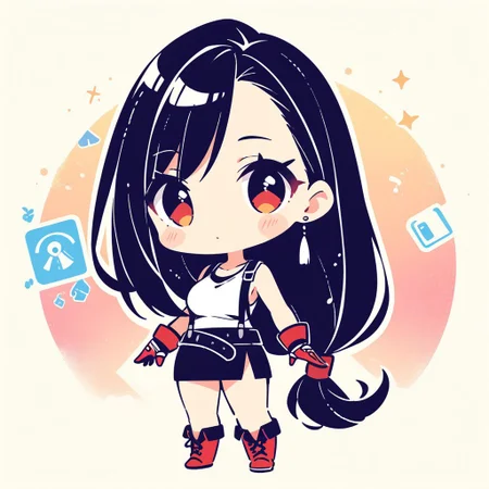 masterpiece, best quality, very aesthetic, absurdres,
1girl, long hair, chibi,
tifa lockhart, low-tied long hair, white tank top, black miniskirt, gloves, boots, suspenders, , defTifa,
(simple retro design, logo, manga style, 2tone),