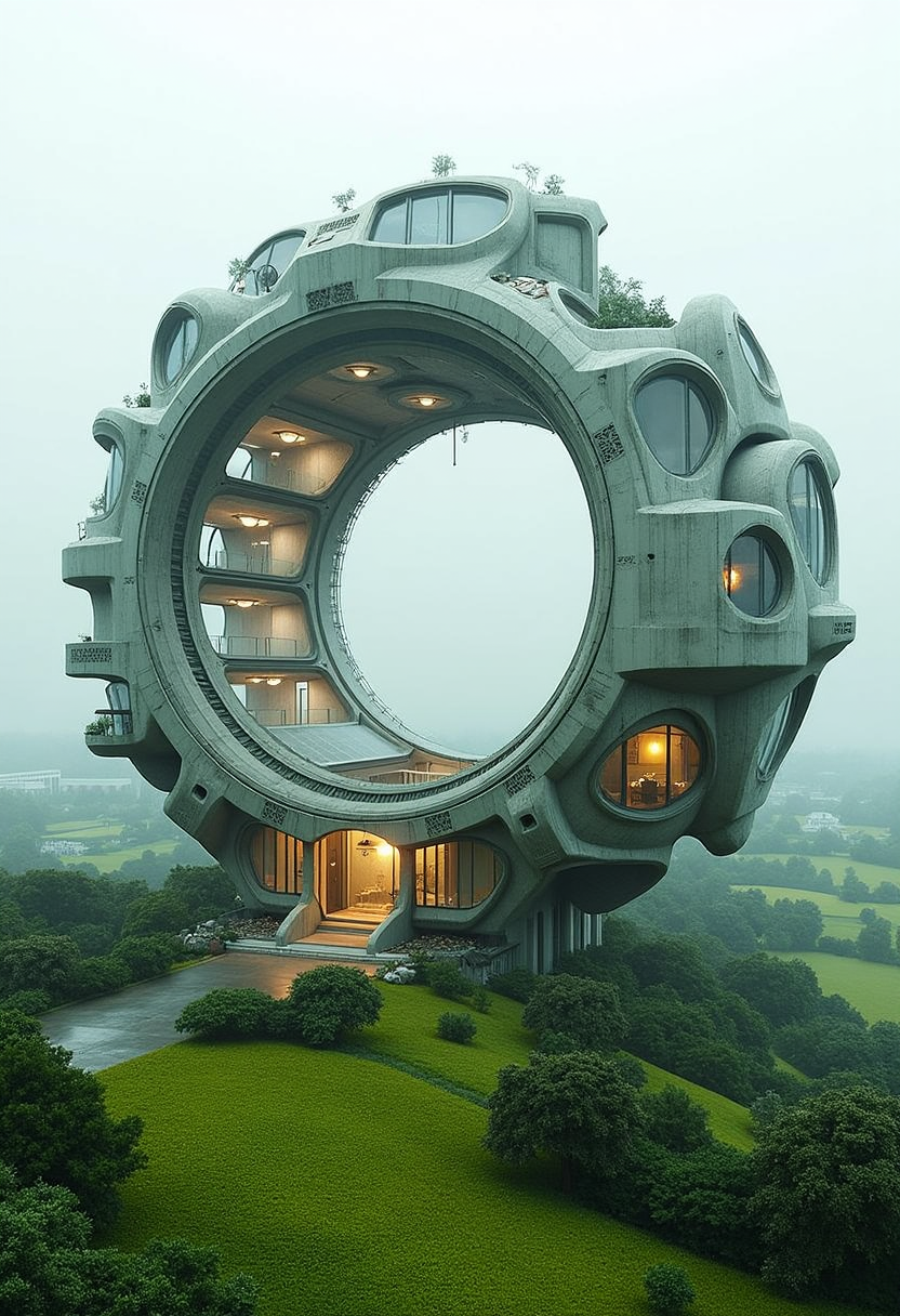 YFG-Rounded A city-shaped ring floating above farmland, ring edges reinforced with steel arcs, with transparent underside floors revealing the green fields below.