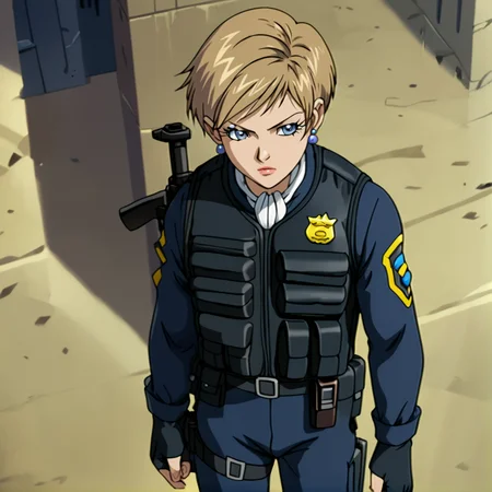 score_9, score_8_up, score_7_up, score_6_up, score_5_up, score_4_up, BREAK, <lora:Topazsonicx:1>, topazsonicx, 1girl, solo, looking at viewer, blonde hair, gloves, holding, jewelry, weapon, earrings, fingerless gloves, holding weapon, uniform, vest, gun, holding gun, rifle, retro artstyle, holster, trigger discipline, police, police uniform, policewoman, bulletproof vest, brown hair, short hair, blue eyes, lipstick <lora:RealisticAnime:1>