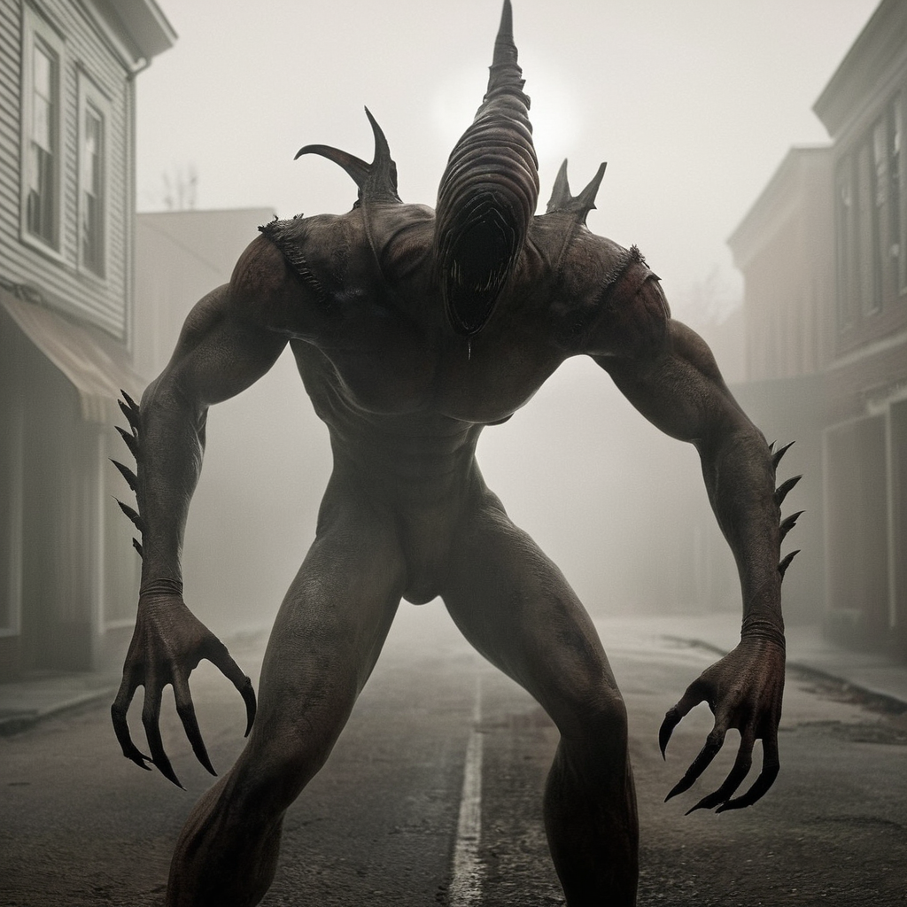 cinematic film still of  <lora:perfection style:0.5> <lora:detailed:0.5> perfection detailed
 <lora:Sairento Hiru style:1>
In the mysterious New England town of Silent Hill Monsters and Creatures a creature with a large head and claws,wicked,evil,solo,1boy,male focus,artist name,signature,abs,claws , cinematic, supernatural, horror style, Sairento Hiru style, shallow depth of field, vignette, highly detailed, high budget, bokeh, cinemascope, moody, epic, gorgeous, film grain, grainy