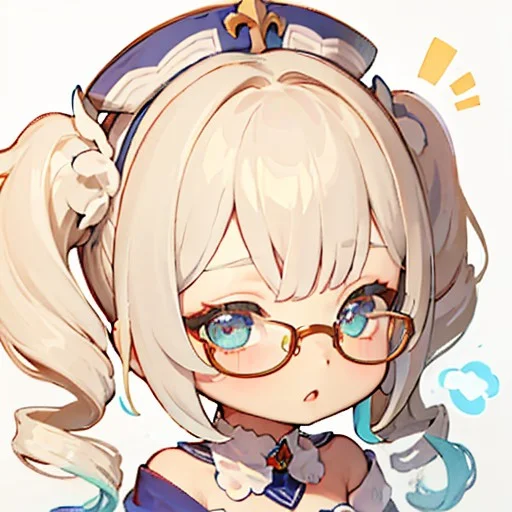 , <lora:gstamp_02-000008:0.7>, (chibi), (big head, close-up face), (upper body), simple background, white background, emoji, emote, eyewear on head, <lora:Barbara_s:0.9>, white headwear, blue eyes, (ahoge), blonde hair, (twintails AND twin drills, midium hair), latin cross, ribbon, bare shoulder, detached collar,