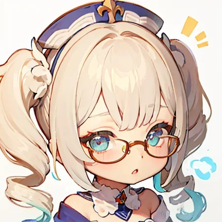 , <lora:gstamp_02-000008:0.7>, (chibi), (big head, close-up face), (upper body), simple background, white background, emoji, emote, eyewear on head, <lora:Barbara_s:0.9>, white headwear, blue eyes, (ahoge), blonde hair, (twintails AND twin drills, midium hair), latin cross, ribbon, bare shoulder, detached collar,